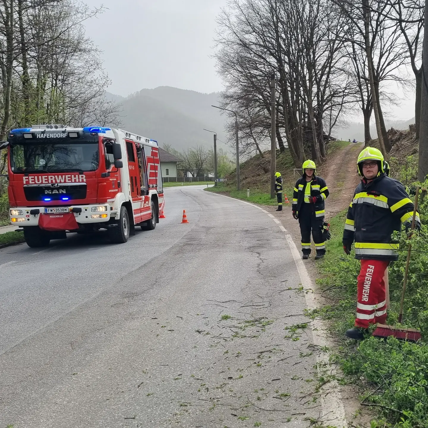 Umgestürzter Baum ragt in Fahrbahn